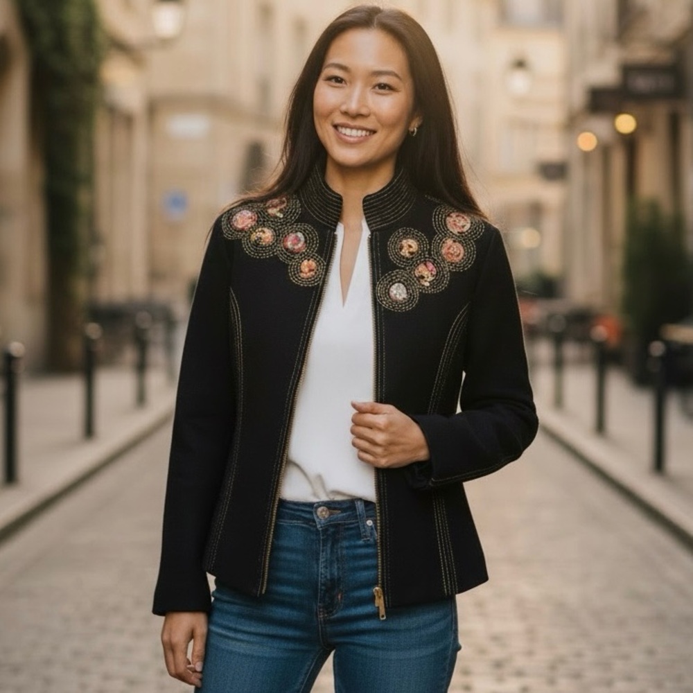 Icelandic Design Embroidered Black 100% Wool Jacket Women’s Size S